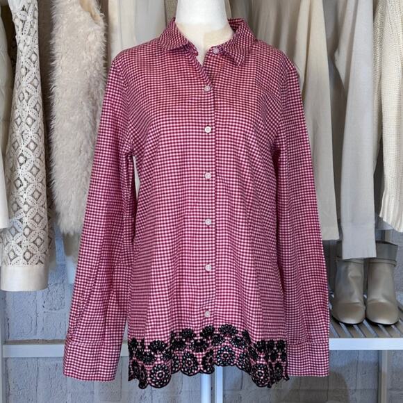 Tommy Hilfiger Tops - Tommy Hilfiger Women's Sz L Red Gingham Blouse w/ Black Eyelet Detail #0044
